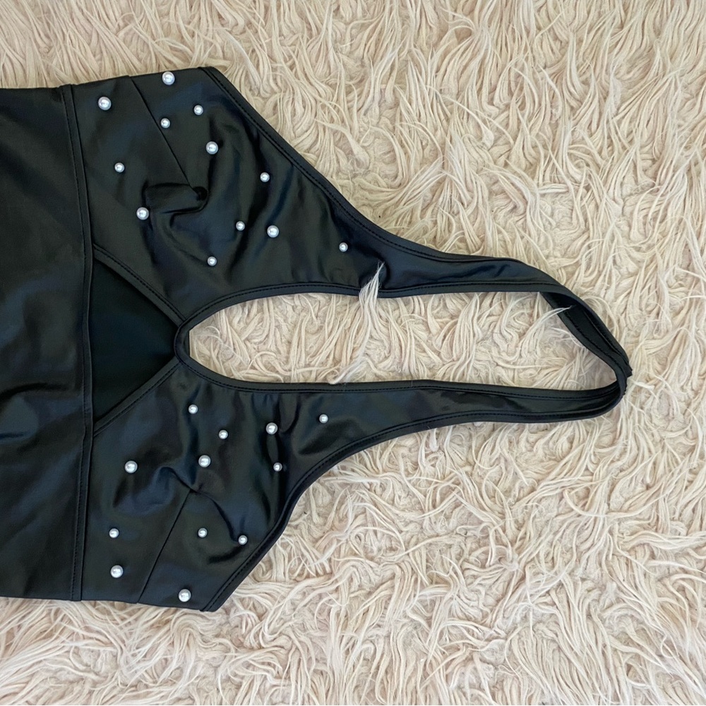Black Halter Top with Pearl Accents